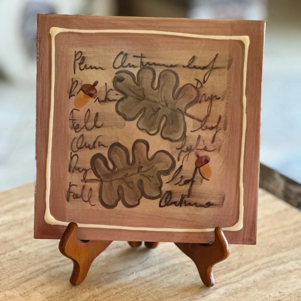 Crate & Barrel Tile Trivet Leaves Made in Italy Hand Painted 8”x 8” Tile Only